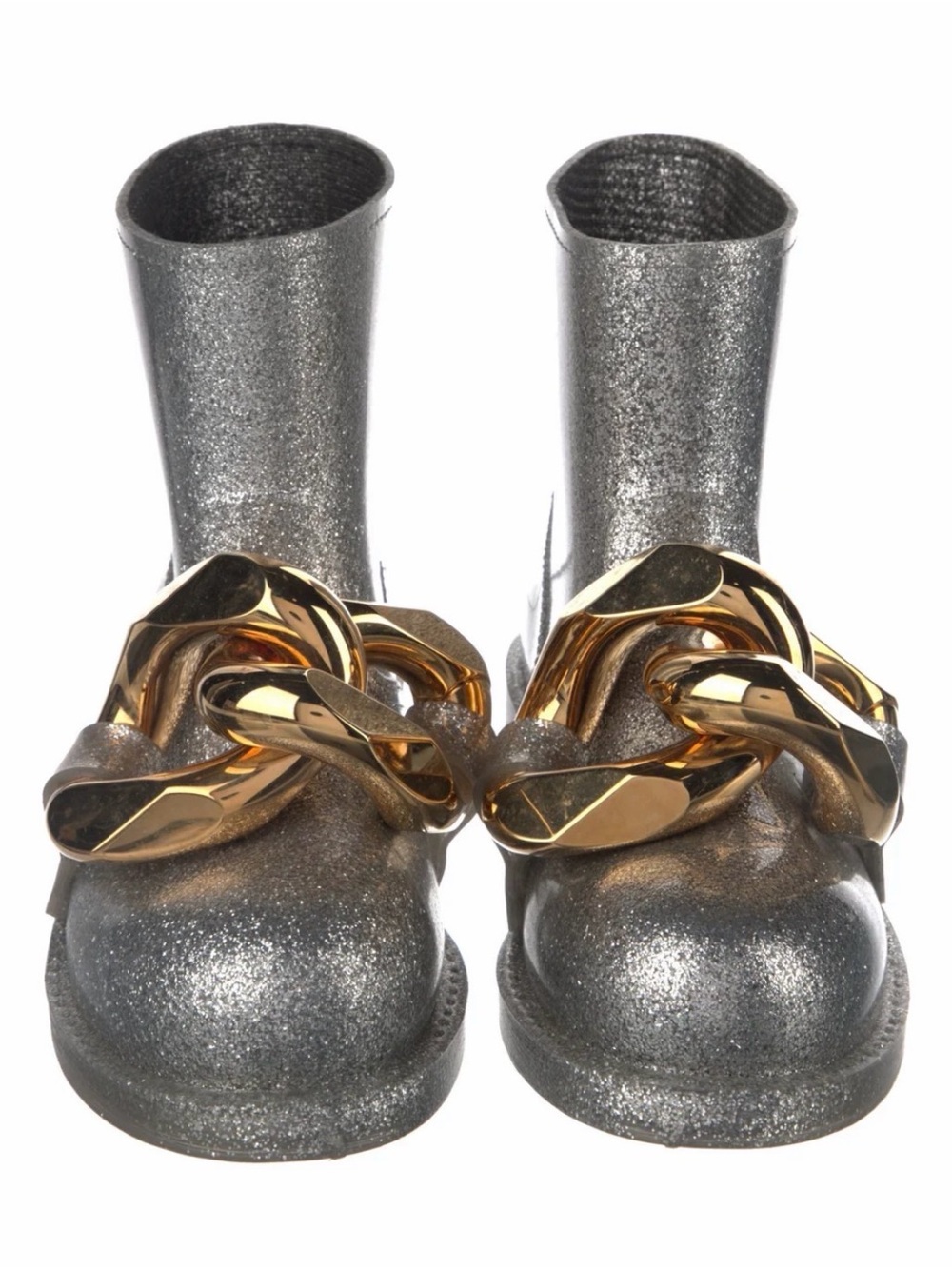 JW Anderson Metallic Silver Women’s Ankle Boots with Gold Chain Detail Sz 7.5